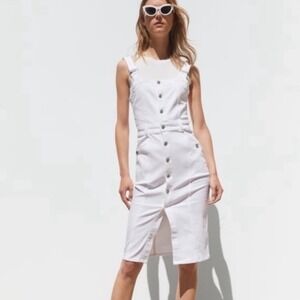 Zara Denim Wear White Button Front Pinafore Midi Dress Stretch Overall Straps